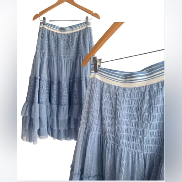 Anthropologie Maeve Tulle Skirt Swiss Dot ruffled midi with stripe elastic waist - Picture 4 of 10